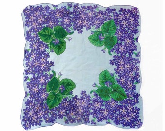 Large 14 1/2" Scalloped Linen Handkerchief 1950s Shower of Periwinkle and Violet Flowers on Light Blue Background Wedding Flower Girl Hankie