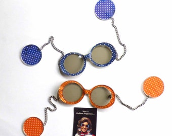 2 pair of Vintage 1960s JE-DOL Mod Round Fashion Sunglasses Orange & Blue Polka Dots Chained Hanging Ear Bobs Retro Super MOD Retro Look