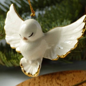Small Vintage 1950s Porcelain Flying White Peace Dove Hand Painted Gold Accents