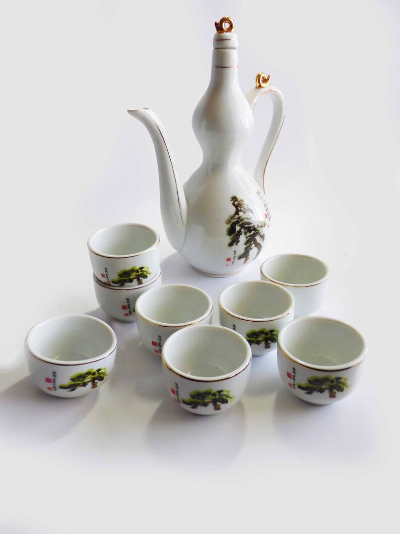 10pc High Quality White Porcelain Sake Set w/ shops Gourd Shaped Ewer Teapot 1980s MILYANG Ceramics Korea Original Box Nantou Mountains & Poem