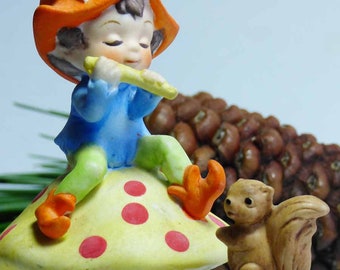 Making Sweet Music Elf Pixie Plays Flute for  Squirrel Seated on Mushrooms Vintage 1980s LEFTON 242 Porcelain Figurine