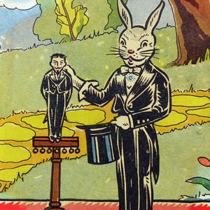 May include: A black and white rabbit wearing a tuxedo and a top hat performs a magic trick with a small man in a suit. The rabbit is holding a top hat in one hand and the man is standing on a small table with a decorative top.