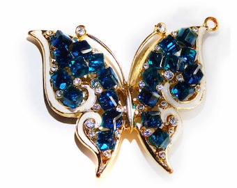 Dramatic 60s Blue Green Chunky Cube Glass Rhinestones Clear Faceted Stones w/ White Enameling Set on a Puffy Gold Toned Butterfly Pendant