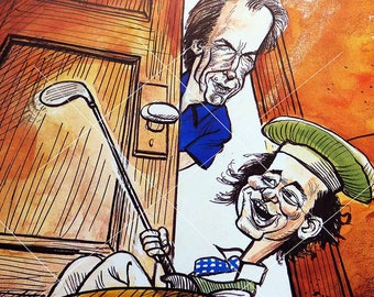 AT&T I'm Back! 1996 Pro-Am Charity Golf Promotional Pebble Beach Poster Clint Eastwood Bill Murray Hand Signed by Artist Cartoonist SZTP