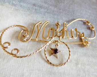 10k Gold MOTHER Name Pin Brooch Vintage 1930s Dangle Star Set w/ Amethyst Stone Twisted Gold Plate Wire Setting Gift for Mom