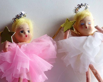 50s Vintage Pink & White Tulle Sugar Plum Angel Gold Star Wand Hanging Ornaments Japan Spun Cotton Head Pipe Cleaner Ballerina Hand Painted