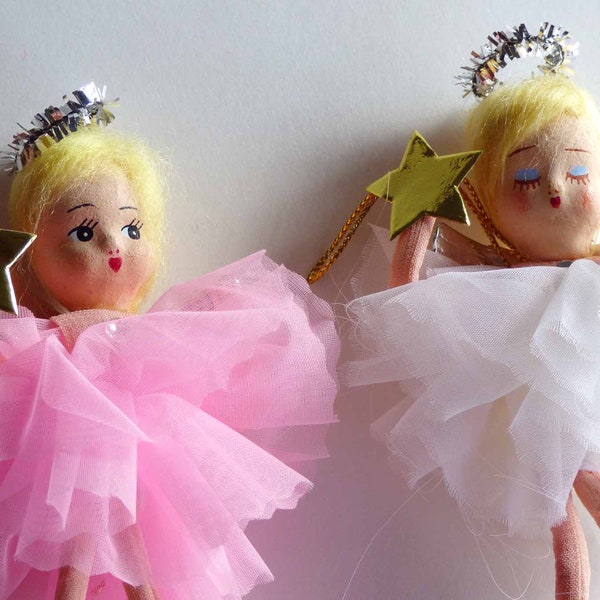 50s Vintage Pink & White Tulle Sugar Plum Angel Gold Star Wand Hanging Ornaments Japan Spun Cotton Head Pipe Cleaner Ballerina Hand Painted