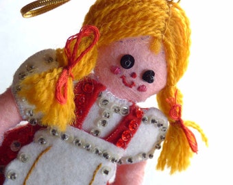 Vintage Handmade Beaded Raggedy Ann Red Hair Doll Cloth Hanging Ornament