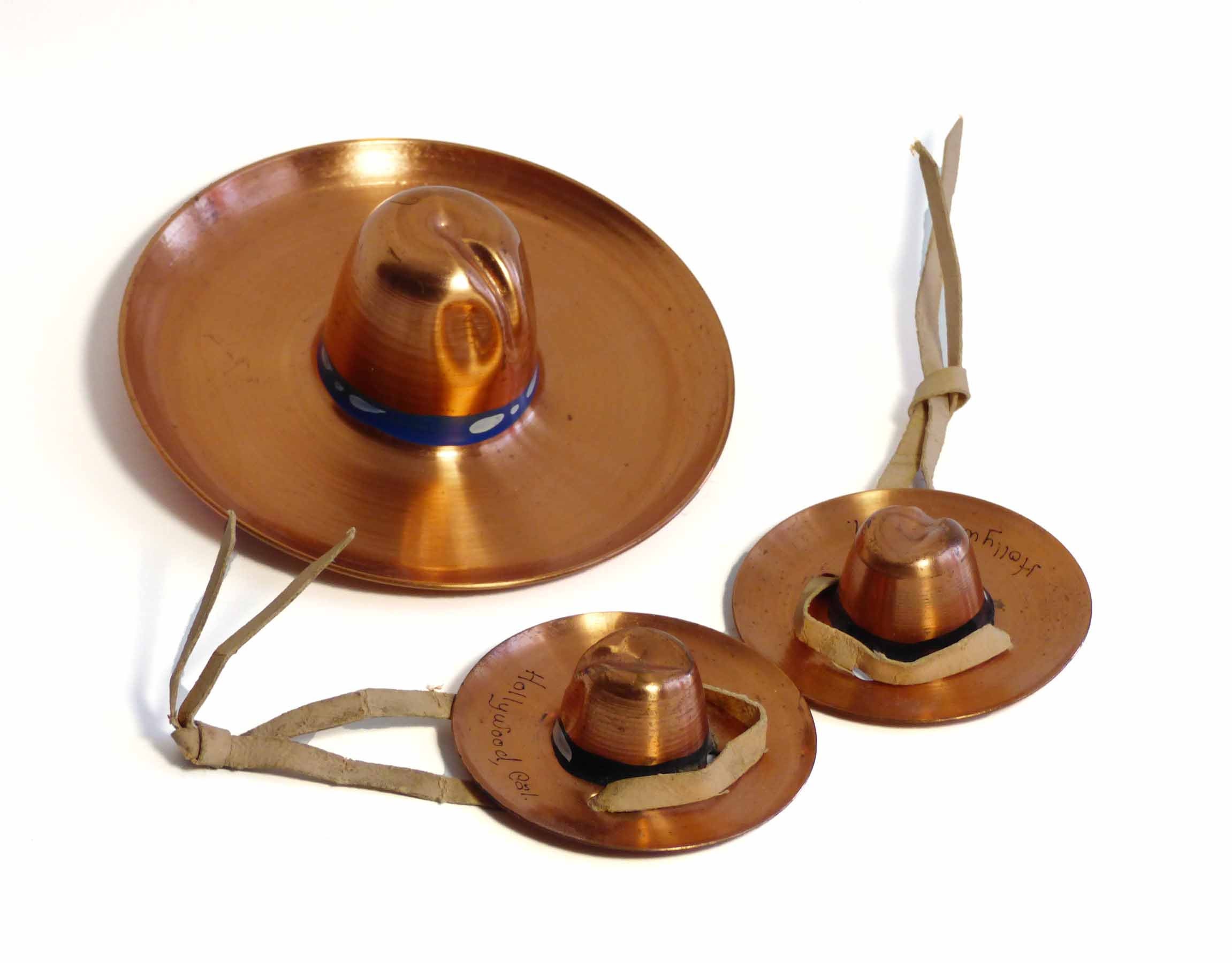 Vintage Copper Sombrero Western Cowboy Hat Hollywood California Ashtray FOLK ART plus 2 Mini Copper Hats w/ Leather Straps Tobacciana