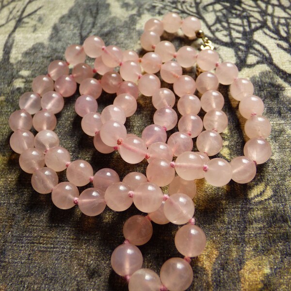 8mm Round Rose Quartz Bead Necklace 28" Doubled Knotted Gold Toned Fish Hook Clasp Healing Heart Chakra Stone for Love