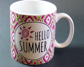 HELLO SUMMER Ceramic Mug Vintage 1990s Clay Art San Francisco Earth Green Purple Kiln Fabric Geometric Design 16OZ Microwave Dishwasher Safe