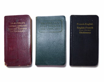 3 ledergebundene Miniaturbücher Saalfield's Deutsch-Englisch | Taschenwörterbücher für Englisch-Deutsch, Italienisch und Französisch-Englisch-Französisch