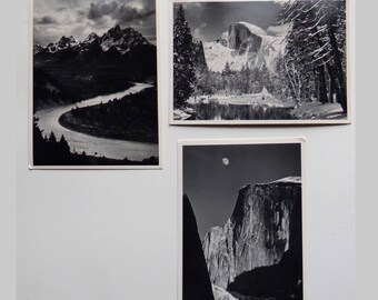 Lot of 3 Ansel Adams Vintage Photolithography Postcards Circa 1970 - 80s Grand Teton Half Dome Merced River Winter in Yosemite