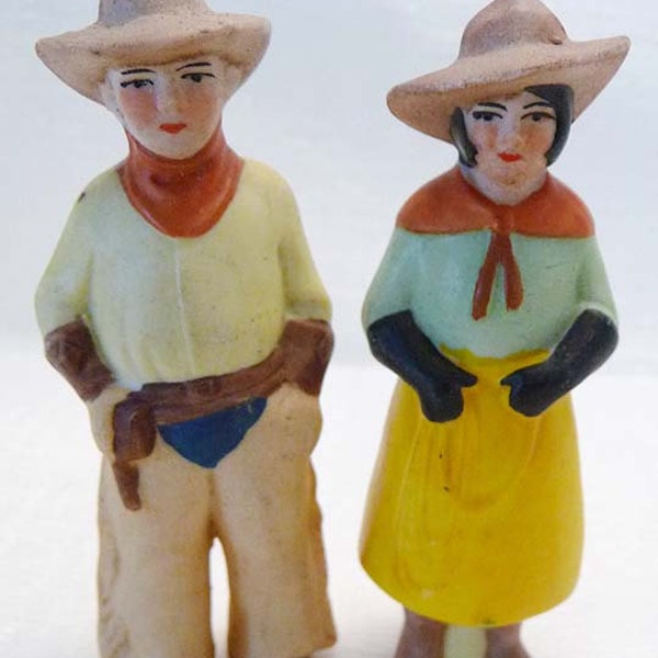 Antique Bisque Set of 1930s Western Cowboy and Cowgirl Germany Character Doll  Porcelain Figurines Germany Hand painted 1930s Free Shipping