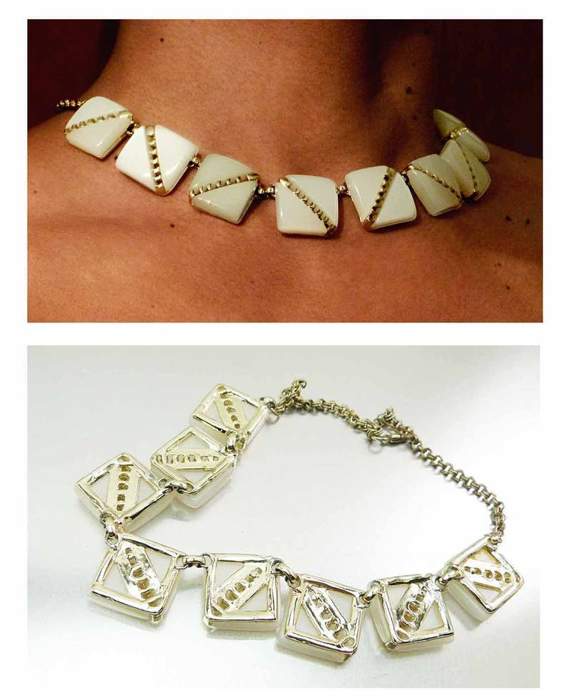 Large 1970s Vintage White Moonstone /& Gold Half Moon Lucite Chicklet Statement Choker Necklace Elegant Show Stopper Moonglow