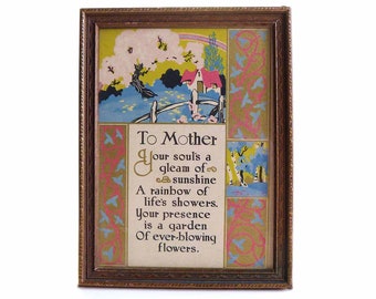 Pretty Antique 1930s  Mother Love Art Deco Nature Themed Poem Calligraphy Gift Mother's Poem in Decorative Wood Framed Glass Front