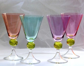 4 Vintage Colorful French Crystal Glasses Large Trumpet Shape Venetian Look 90s Cocktail Wine Water Goblets Sangria Lavender Rose Peach Blue