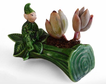 Vintage Treasure Craft 1950s Green Pixie Elf On A Green Glazed Tree Trunk Log Small Planter Pot Vase in All Green Tones