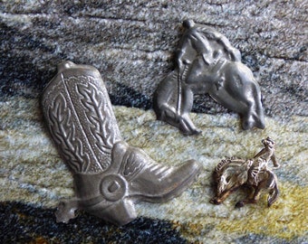 Pressed Tin & Sterling 925 Rodeo Round Up Carnival Festival Lapel Pins Set of 3 Buckaroo Rider Bucking Bronco Western Cowboy Boot w/ Spur