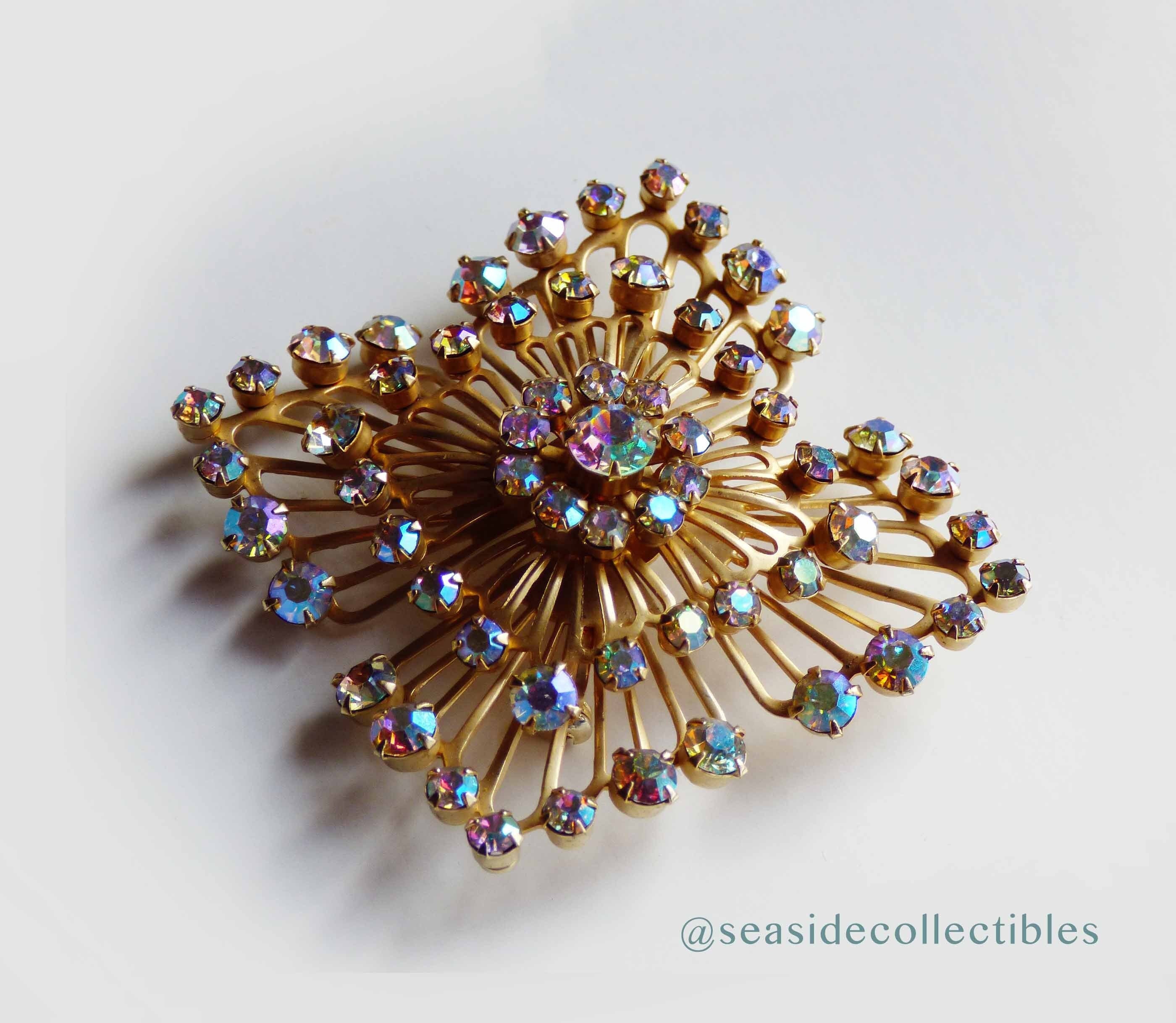 Large AB Prong 1960s Square Starburst Atomic Gold Tone Brooch 