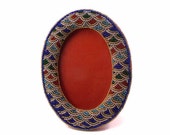 Vintage Hand Beaded Oval Picture Frame Water Design Blue Gold Green Red Glass Beads Holds 3.5 x 5 inch Image Hang or Stand