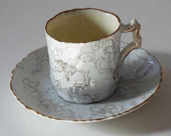 Garden of Birds & Dragonflies Pale Blue Demitasse White Porcelain Tea Cup and Saucer Sponged Gold Wood Branch Handle