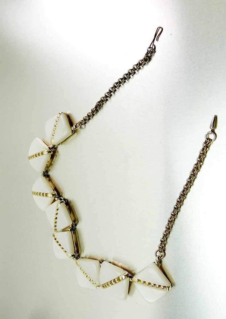 Large 1970s Vintage White Moonstone /& Gold Half Moon Lucite Chicklet Statement Choker Necklace Elegant Show Stopper Moonglow