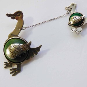 Duck with Duckling Sterling Silver Green Calcite & Jadeite Pin Brooch Artisan Stamped Circa Mid 1920s Mexico image 7