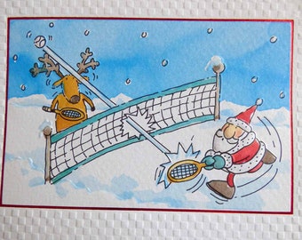 SANTA & Reindeer Play Tennis Hope Your Christmas is Smashing Vintage Embossed Holiday Cards Vintage American Greeting C1025 H Unused New