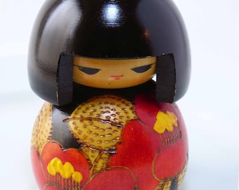 MIYABI Vintage Creative Connoisseur Wood Kokeshi Doll by Sekiguchi Toshio Grace & Purity with Wooden Name Placard