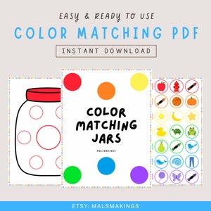 May include: Printable color matching activity for kids.  The printable features a jar with circles and a set of colorful circles to match.  The text "Color Matching Jars" is included on the printable.