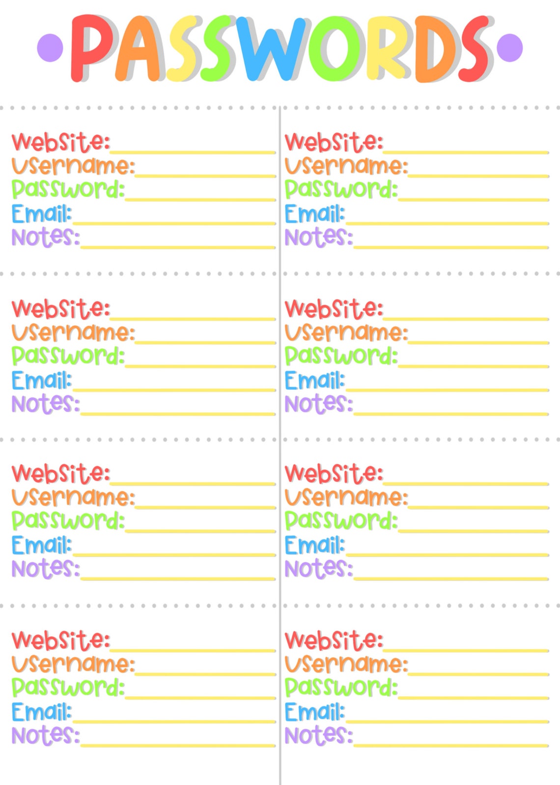 Digital/Printable Password Sheets | Etsy
