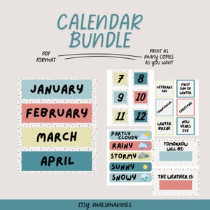 May include: A printable calendar bundle in PDF format with colorful monthly titles and weather icons. The calendar includes dates for Veterans Day, Thanksgiving, Christmas, New Year's Eve, and the first day of winter. It also includes a weather forecast section with options for partly cloudy, rainy, stormy, sunny, and snowy.