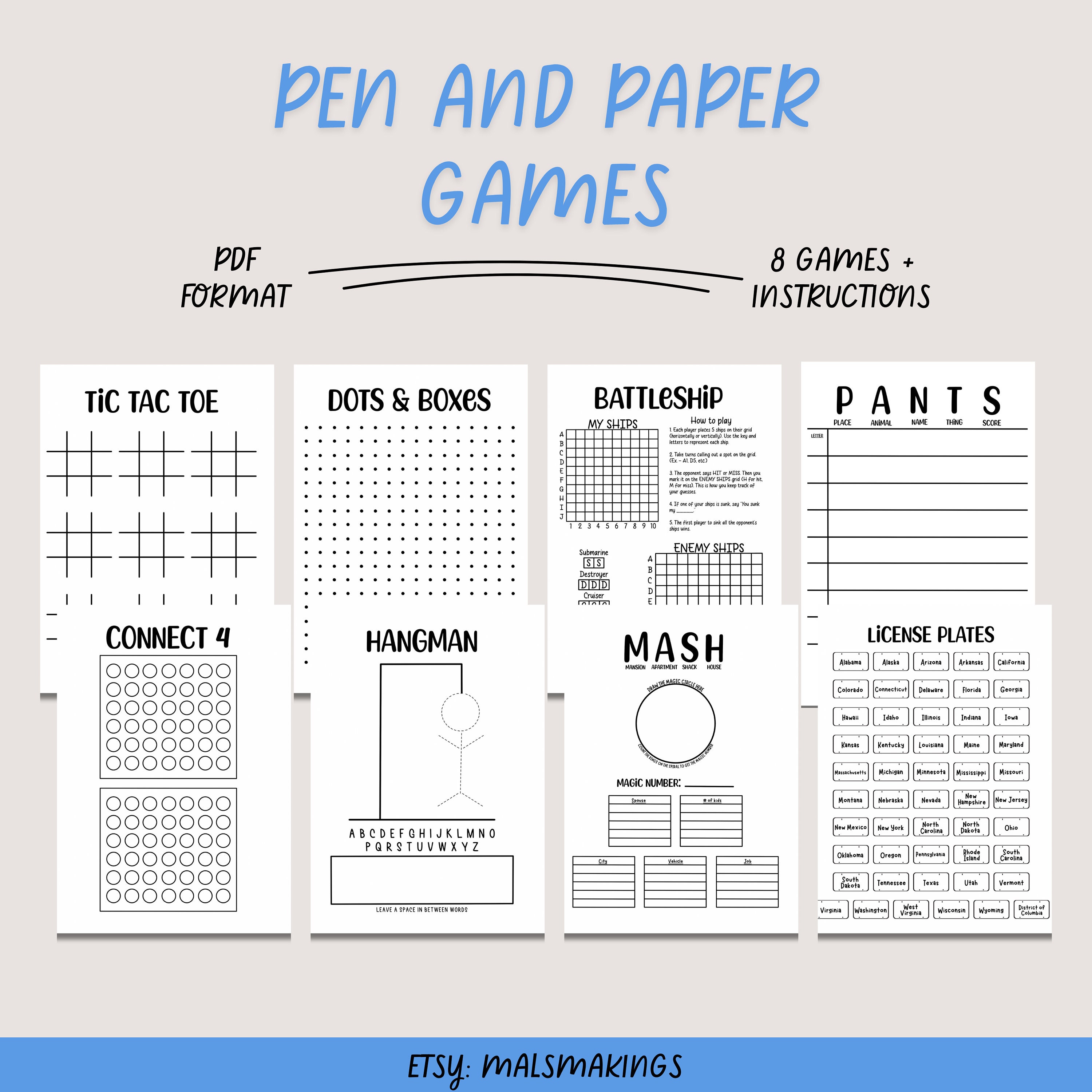 printable travel games | pen and paper games | road trip games