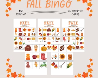 May include: A digital download of Fall Bingo cards. The image shows three bingo cards with fall-themed illustrations, including pumpkins, apples, and corn. The words "FALL BINGO" and "20 DIFFERENT CARDS" are displayed in orange. The words "PDF FORMAT" are also displayed.