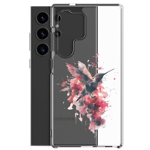 May include: A clear phone case with a watercolor design of a hummingbird in flight with pink and red flowers. The case has the word "SAMSUNG" printed on the back.