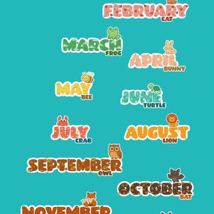 Stickers animaux mensuels mignons – Pack d'autocollants pour calendrier et agenda | Ensemble d'autocollants pour albums de scrapbooking | 12 mois à thème animal - Kawaii