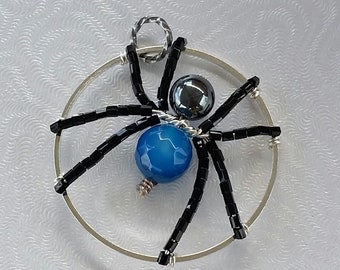 Blue Agate and Hematite Spider Pendant