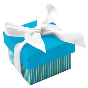 May include: A small, blue gift box with white stripes and a white satin ribbon tied in a bow.