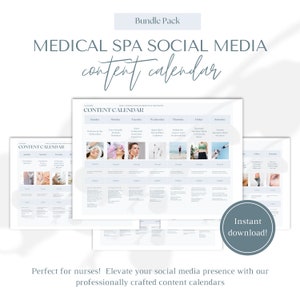 May include: A bundle pack of printable social media content calendars for medical spas. The calendars are designed to help spas promote their services and attract new clients. The calendars feature a variety of content ideas, including tips for skincare, information about different treatments, and before-and-after photos. The calendars are available for instant download.