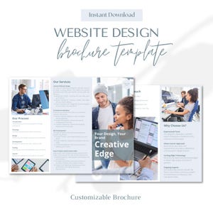 Puede incluir: Una plantilla de folleto de tres pliegues para servicios de diseño web. El folleto presenta un esquema de color azul y blanco con el texto "Diseño web Plantilla de folleto" en una fuente grande y en negrita. El folleto también incluye imágenes de personas trabajando en computadoras y el texto "Tu diseño, tu marca Ventaja creativa".