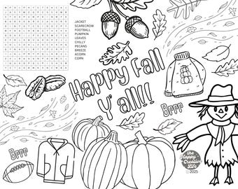 Happy Fall Y’all Coloring Page | Printable Fall Activity for Kids | Word Find Puzzle | Autumn Classroom & Homeschool Fun
