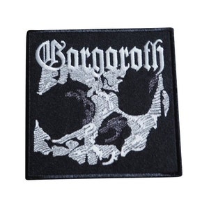 May include: Black and white embroidered patch featuring the band name "Borgoroth" in a gothic font and a skull design.