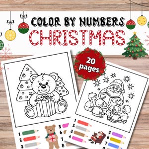 May include: A Christmas-themed coloring book with the text "COLOR BY NUMBERS CHRISTMAS" and "20 pages." The coloring pages feature a teddy bear with a gift and Santa reading to children. Colored pencils are shown.