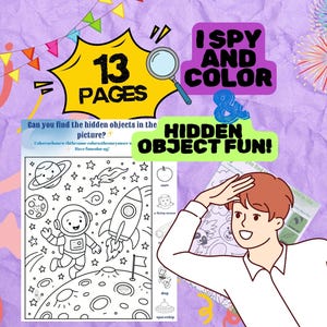 Peut inclure: Un livre d'activités pour enfants avec le texte "13 PAGES" et "ISPY AND COLOR & HIDDEN OBJECT FUN!". Il présente une illustration en noir et blanc d'un astronaute, d'une fusée et de planètes. Une personne regarde le livre.