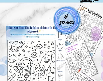 May include: A bundle of four "I Spy" games, featuring black and white illustrations for coloring. The games include space, dinosaur, Halloween, and Christmas themes, with prompts to find hidden objects. The text "I Spy Games Bundle" is at the top.