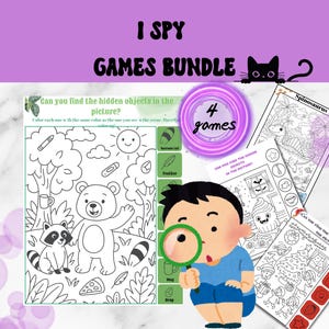 May include: A bundle of "I Spy" games with a purple background. The image includes a cartoon illustration of a child with a magnifying glass, and four different "I Spy" game pages. The text on the image says "I Spy Games Bundle" and "4 games".