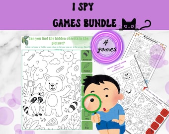 May include: A bundle of "I Spy" games with a purple background. The image includes a cartoon illustration of a child with a magnifying glass, and four different "I Spy" game pages. The text on the image says "I Spy Games Bundle" and "4 games".