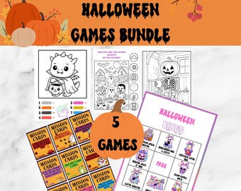 Peut inclure: Un ensemble de jeux d'Halloween avec cinq jeux, dont des pages à colorier, des cartes de mission et un jeu de bingo. L'image présente des citrouilles, des feuilles d'automne et le texte "Halloween Games Bundle".