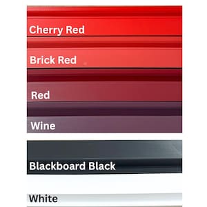 May include: A color palette featuring six horizontal swatches. The colors are Cherry Red, Brick Red, Red, Wine, Blackboard Black, and White. Each color is labeled with its name in a sans-serif font.